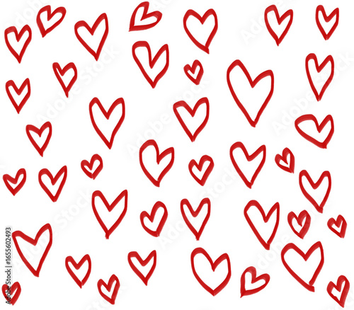 A drawing of many red heart outlines scattered across a white background, creating a warm, cheerful, and love-filled atmosphere