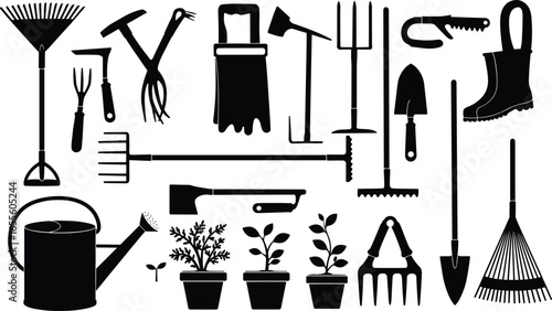 Collection of gardening tools with watering can, rake, shovel, hoe, pruners, boots, potted plants, seedlings, hand tools, garden maintenance equipment for outdoor gardening care