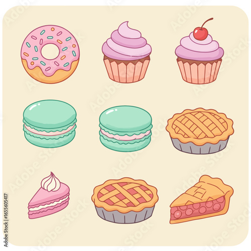 Set of Cute Cartoon Desserts and Pastries Illustration