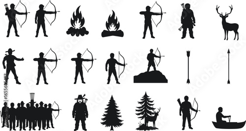 Silhouettes of archers aiming bows, bonfire flames, hunters, deer, arrows, pine trees, group of archers, outdoor camping, hunting adventure, nature wilderness, bow and arrow sport