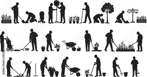 Silhouettes of people gardening, planting, watering, raking, mowing, trimming, with tools, wheelbarrow, potted plants, lawn care, landscaping, teamwork, outdoor activity, nature care