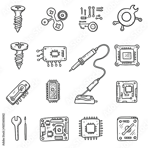 Hand-Drawn Electronics Repair Kit: Screws Chips and Soldering Iron