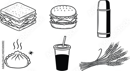 Illustration of various food items including sandwich, burger, thermos, steamed bun, drink with straw, and wheat bundle, meal variety, fast food, beverage, healthy ingredients