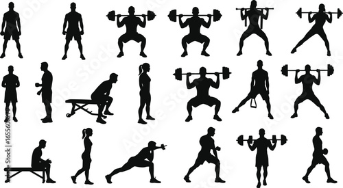 Silhouettes of men and women exercising, weightlifting, stretching, fitness training, strength workout, gym activity, healthy lifestyle, body fitness, muscle building