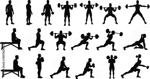 Silhouettes of men and women performing weightlifting exercises, strength training, lunges, stretching, fitness routines, gym workouts, muscle building, healthy lifestyle, athletic workout,