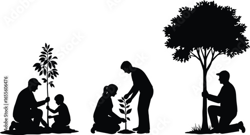 Family planting trees together, child and parents gardening, nature care activity, environmental protection, green earth, growing plants, teamwork planting, sustainable environment,