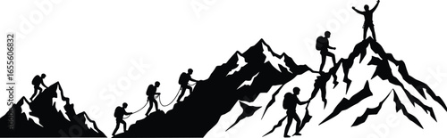 Mountain climbers team hiking rocky peak, outdoor adventure exploration, rope climbing group, summit achievement, nature trek, extreme sport, silhouette vector illustration, teamwork success