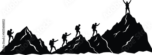 Mountain climbers hiking steep rocky terrain, team adventure climbing peak, outdoor exploration, summit celebration, group trekking nature, rope climbing sport, silhouette vector illustration, 