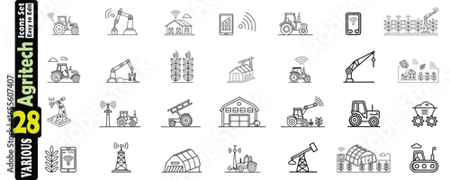 Extensive Agritech Icons Set With Tractors Robots Greenhouses And More agriculture farming