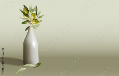 Minimalistic illustration with an olive tree branch in an elegant matte vase.