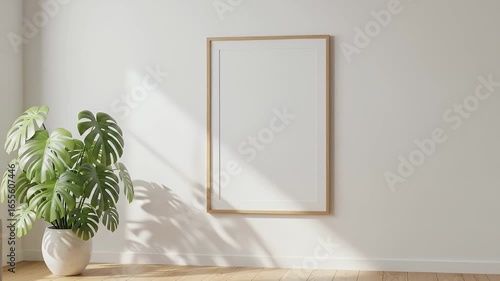 Minimalist Living Room with Blank Frame Mockup and Monstera Plant Smooth Panning Shot for Interior Design and Home Decor Concepts