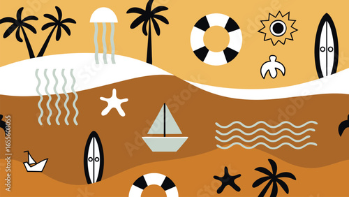 Seamless Pattern Of Summer Beach Elements With Palm Trees Sailboats And Starfish vacation