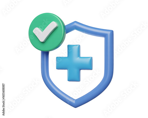3d icon of 3d blue shield with a light blue cross and a green checkmark icon isolated on transparent background