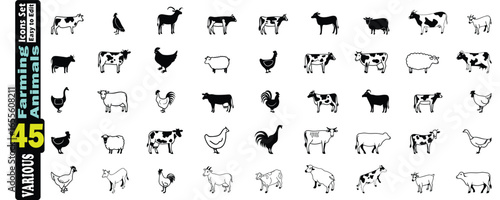 Set of 45 Black and White Icons Depicting Various Farm Animals sheep chicken