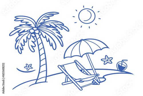 Simple Blue Line Drawing of a Tropical Beach Scene with Palm Tree and Deck Chair Keywords: beach, tropical, vacation, summer, palm tree, deck chair