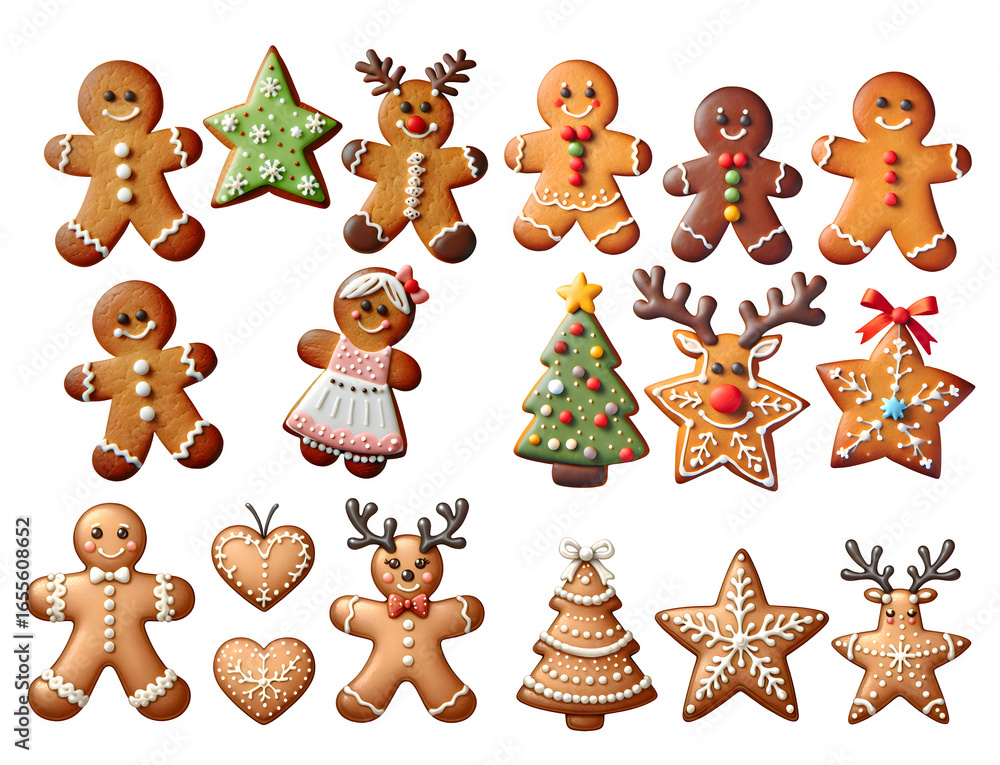Fototapeta premium Christmas Gingerbread Cookies in Festive Shapes with Icing Decoration.png