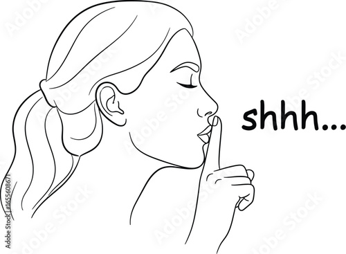Woman shushing silence gesture quiet secret finger lips line art