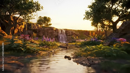 Waterfall cascading over rocks, flowing into stream, lush flora under sunset lighting