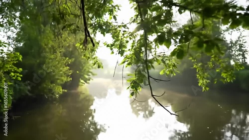 Serene view of river with overhanging branches in soft, hazy light, nature scene