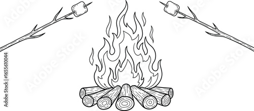 Campfire with marshmallows coloring page vector graphic