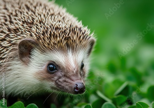 Close-up of a Young Hedgehog with Spiky Fur in Green Natural Setting