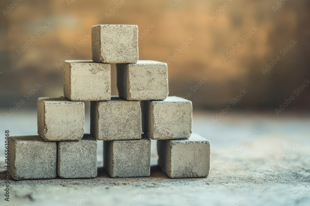 Obraz premium Minimalist Stone Cube Pyramid Stack on Surface with Blurred Background Texture for Conceptual Visualization