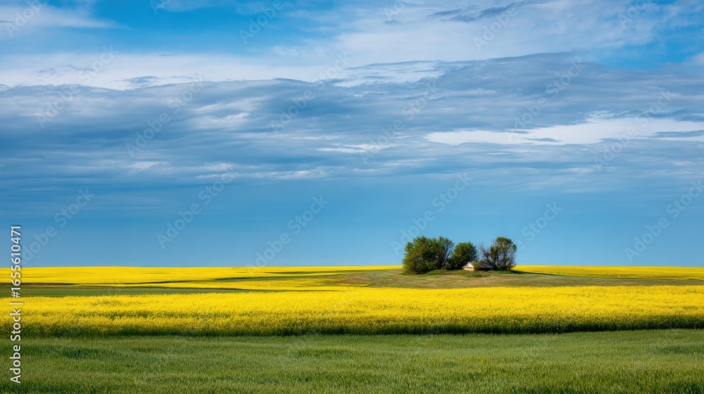 Fototapeta premium Vibrant yellow fields stretch across the landscape, contrasting with lush green patches. A small cluster of trees stands alone against a clear blue sky, creating a tranquil setting.