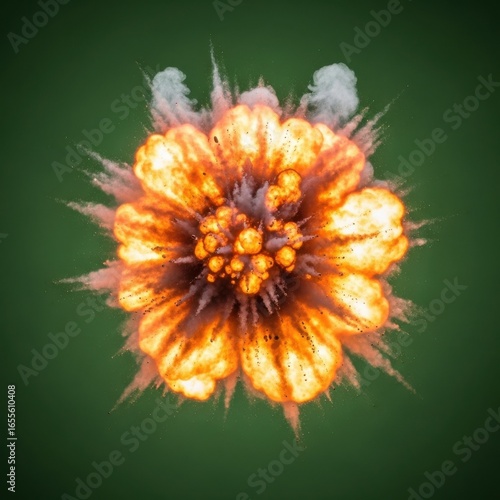 Explosive Fireball with Bright Orange and Yellow Flames Against Green Background