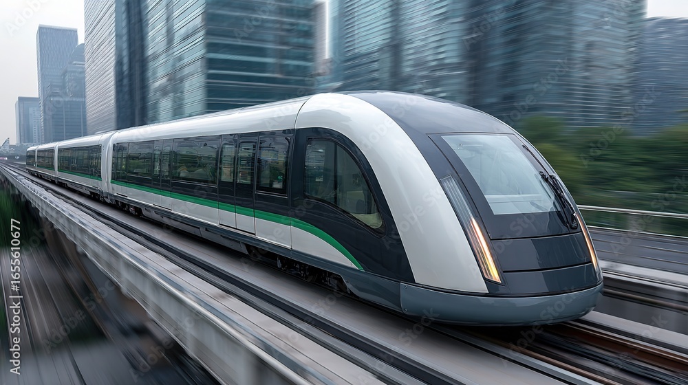 Naklejka premium A maglev train speeds along the track, its streamlined body gliding smoothly. Green belts line both sides of the track, with urban buildings forming the backdrop.