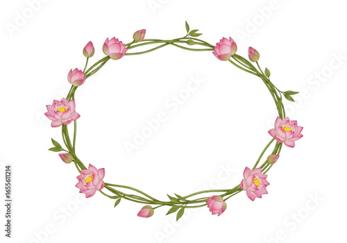Pink lotus flower oval wreath isolated on transparent background