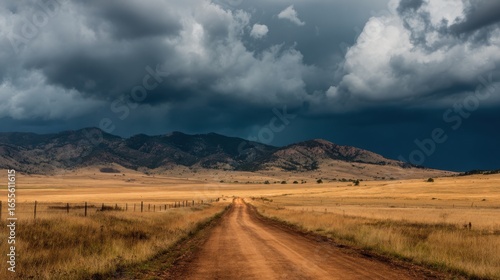 A dirt road stretches through vast fields of golden grasses  heading towards dark storm clouds rolling in over distant mountains during the early evening hours.