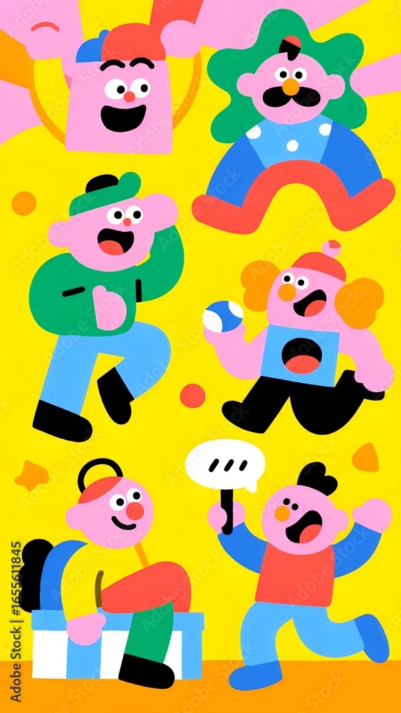 Obraz premium A colorful illustration featuring playful cartoon characters with distinct personalities. The bright yellow background enhances the cheerful mood of the image, perfect for designs.