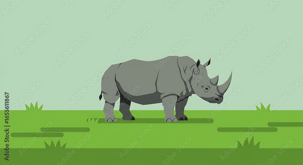 Fototapeta premium Action Scene, Rhinoceros, Grassland, Illustration, Nature, Side View, Conservation Awareness
