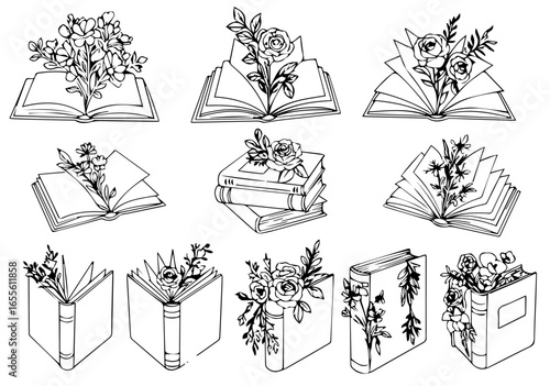 Elegant floral book illustrations for creative projects and book lovers black and white line art design