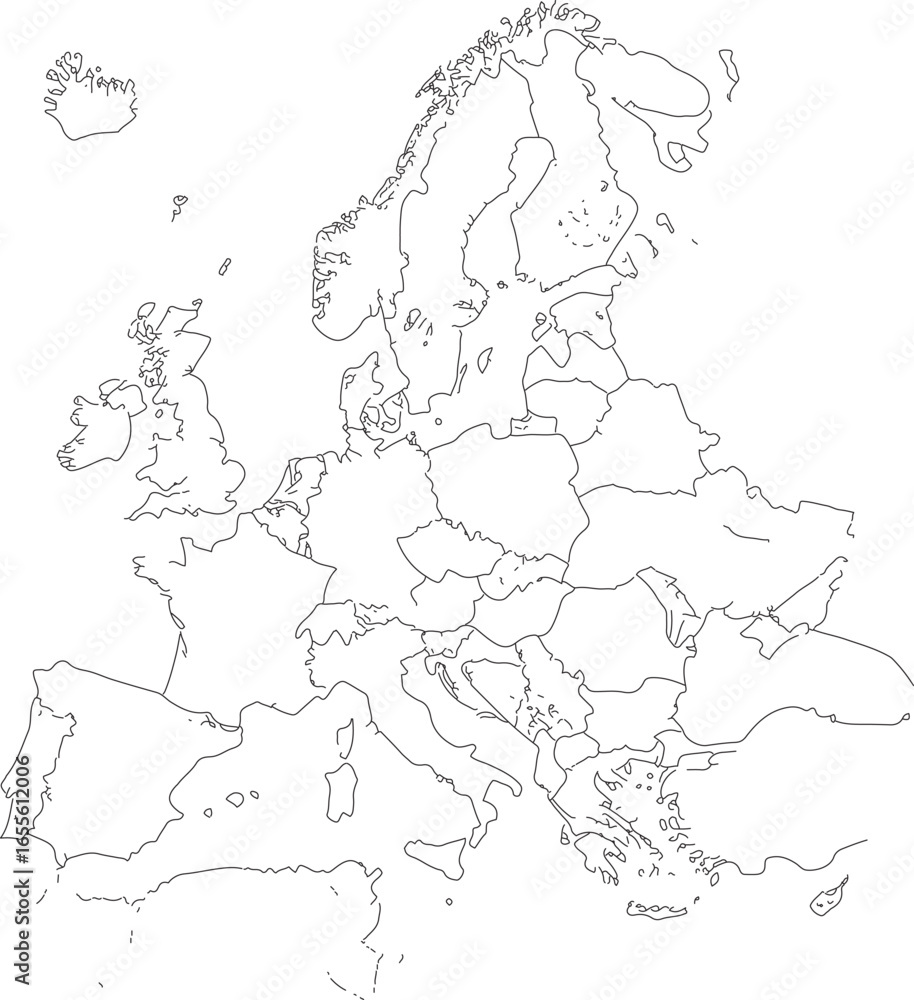 Obraz premium Minimalist Black and White Line Art Map of Europe with Country Outlines