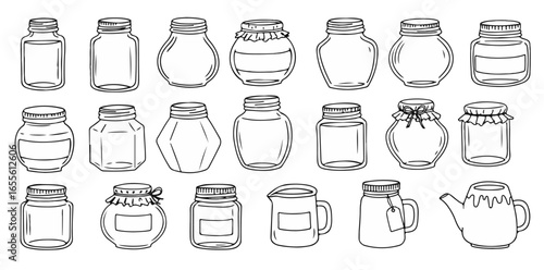 Hand drawn mason jars and containers line art illustration for pantry kitchen or DIY crafts project