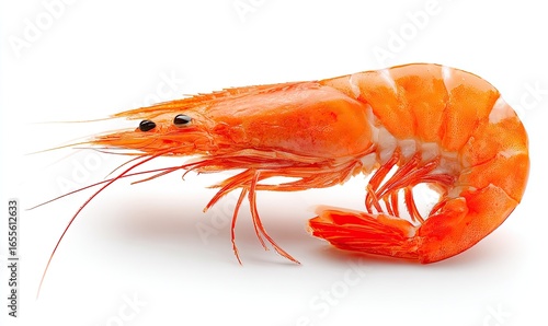 Single fresh prawn, bright orange-red,  against white