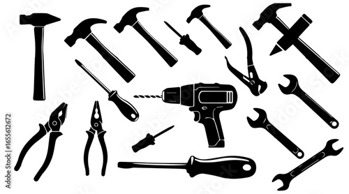 Essential tools for your next DIY project featuring hammers, wrenches, screwdrivers, pliers, and drill