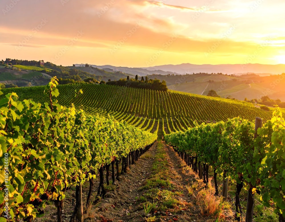Naklejka premium Vineyard landscape at sunset (1)