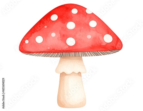 Watercolor painting of a red mushroom with white dots