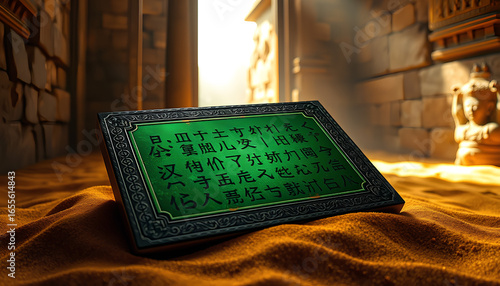 Sacred emerald tablet inscribed with forgotten symbols, resting on golden sands inside a hidden temple, with ancient light filtering in