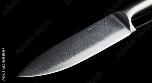 Sleek Stainless Steel Kitchen Knife: Close-up Macro Shot on Black Background