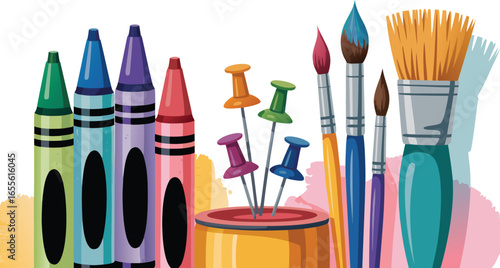 Illustration of Colorful Crayons, Paintbrushes, and Pushpins in a Pot for Creative Projects