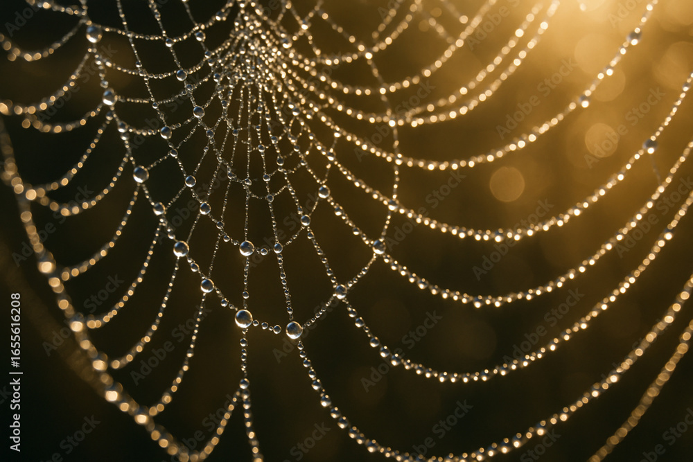 Naklejka premium Intricate Web of a Spider Glimmering with Morning Dew Against a Soft Golden Background in Nature's Stunning Display of Beauty