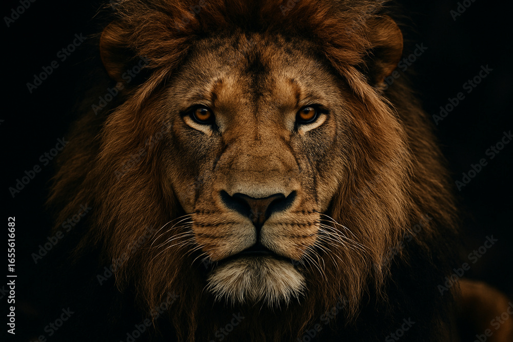 Fototapeta premium Intense Close-Up Portrait of a Majestic Lion with Striking Features Set Against a Dark Background Evoking Power and Grace in Nature Photography