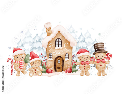 Watercolor Illustration Gingerbread Family and House in Winter Wonderland Scene