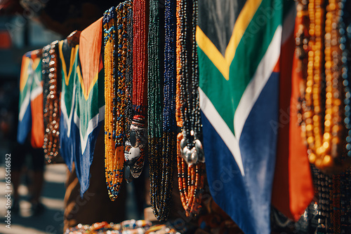 Colorful beaded necklaces hanging next to south african flags