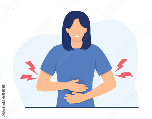 Illustration of a woman with a period. Menstrual cramps or endometriosis abdominal pain concept. A woman holding her hands on belly and suffering abdominal pain. Vector illustration.