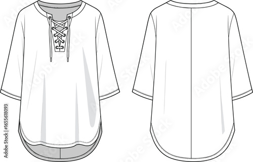 Fashionable lace-up tunic top, CAD drawing, flat vector illustration, front and back view, trendy apparel design, technical sketch, clothing template