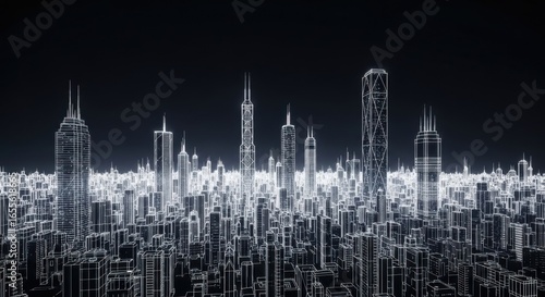 Futuristic Digital City Skyline with Neon Light Highlights and Tall Skyscrapers in Night Setting